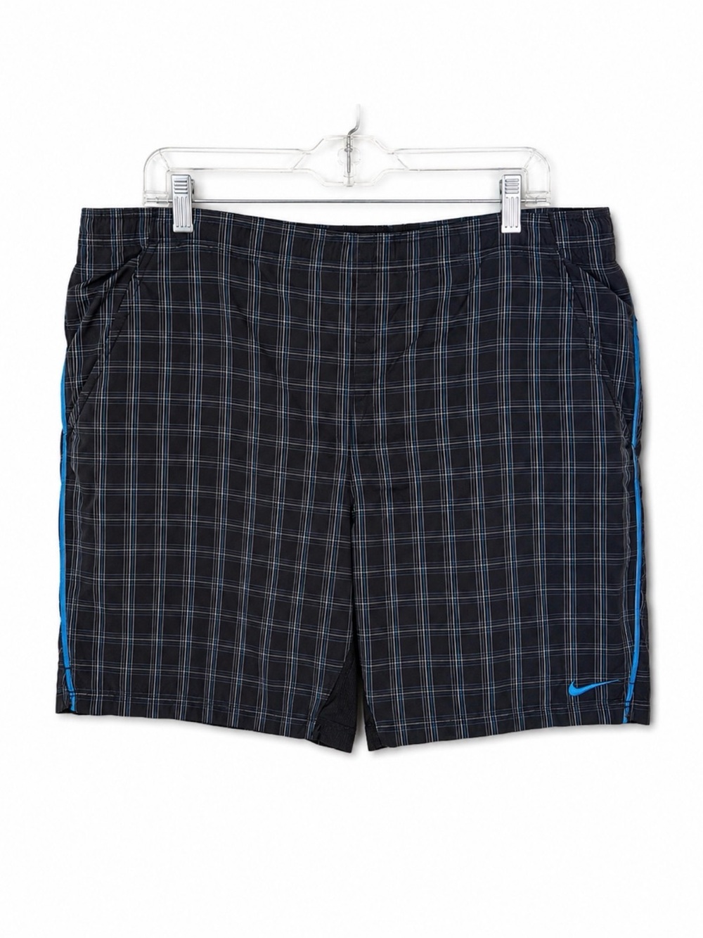 Nike Black Plaid Shorts with Blue Stripe mesh lining swim trunks board shorts XL